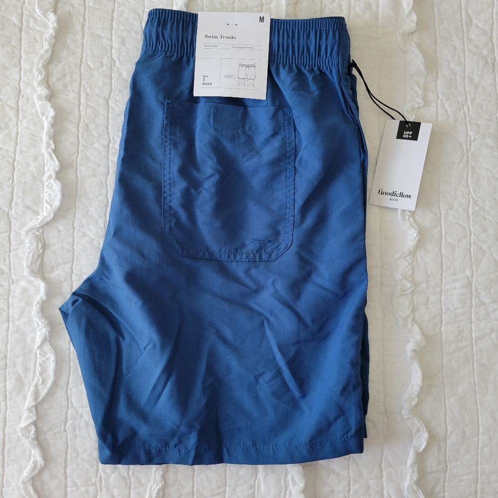 Goodfellow & Co Swim Trunks M Blue NWT 7" Inseam UPF 50+ Elastic Drawstring
